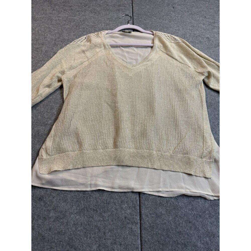 Lucky Brand Sweater Women Large Beige Sparkle Knit V-Neck Raglan Sleeve Pullover